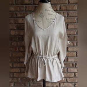 Express Cream/Champagne Relaxed Boho Drawstring Waist Slit Sleeve Tunic.